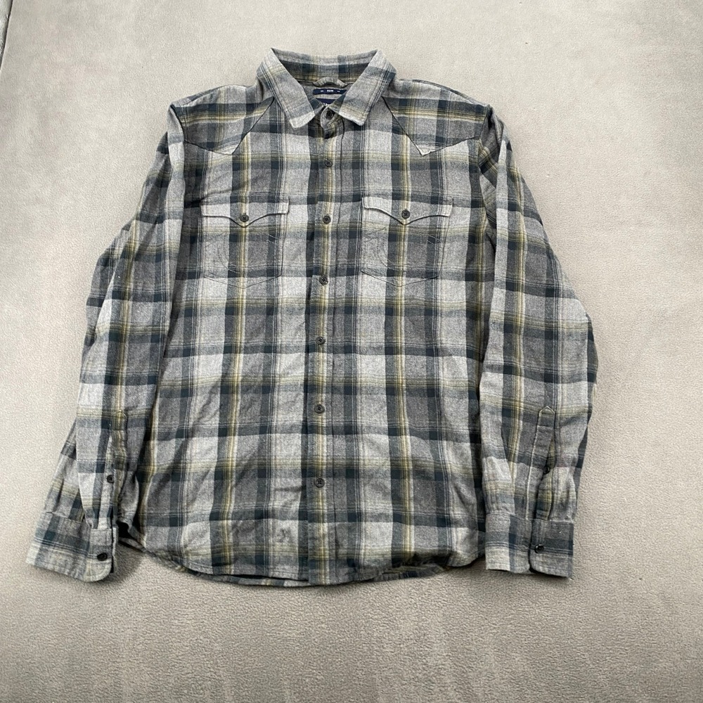 True Religion Mens Slim Fit Plaid Flannel Western Shirt Grey Green Large 5345